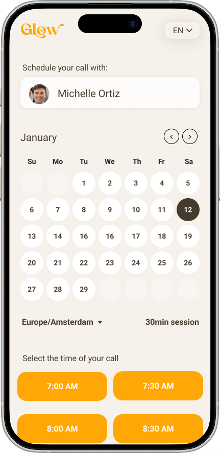 Glow session scheduling screen